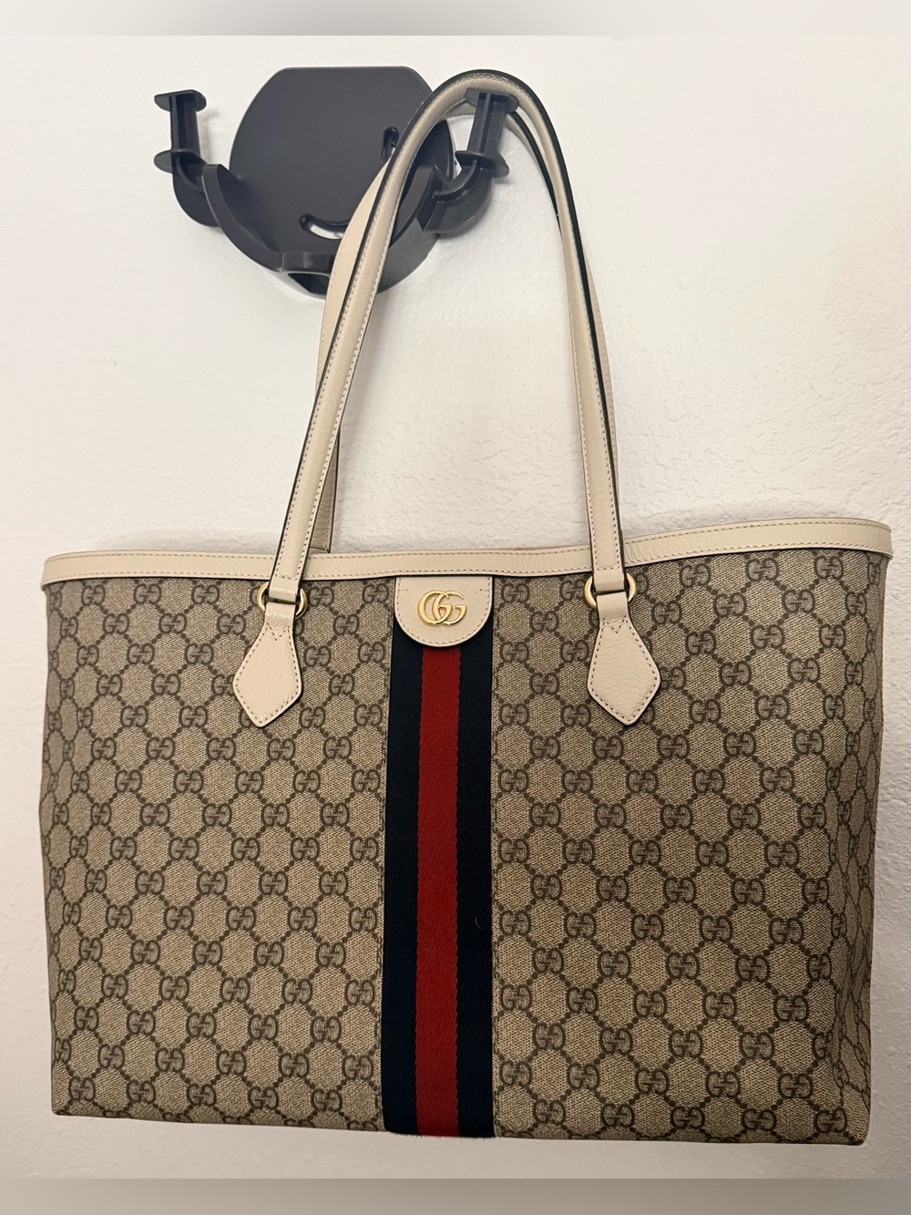 Gucci Ophidia GG Supreme Medium Web Tote Beige Canvas Ivory Leather Authentic - Picture 6 of 13